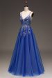 A-Line Sequins Royal Blue Prom Dress with Appliques Cheap