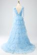 A-Line V-Neck Light Blue Tiered Prom Dress Online Sale