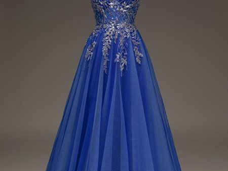 A-Line Sequins Royal Blue Prom Dress with Appliques Cheap