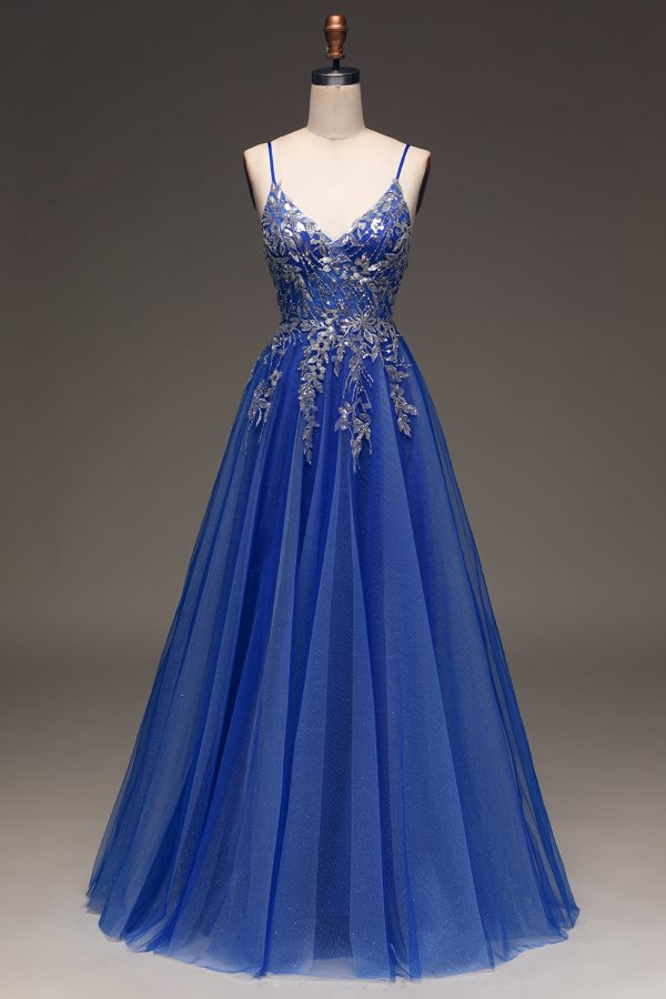 A-Line Sequins Royal Blue Prom Dress with Appliques Cheap