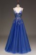 A-Line Sequins Royal Blue Prom Dress with Appliques Cheap