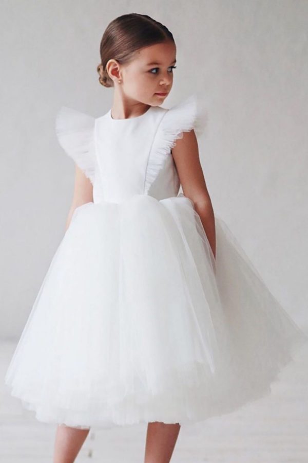 White A Line Round Neck Sleeveless Tulle Flower Girl Dress Supply