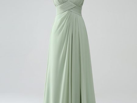 Dusty Sage A-Line Spaghetti Straps Pleated Chiffon Long Bridesmaid Dress Discount