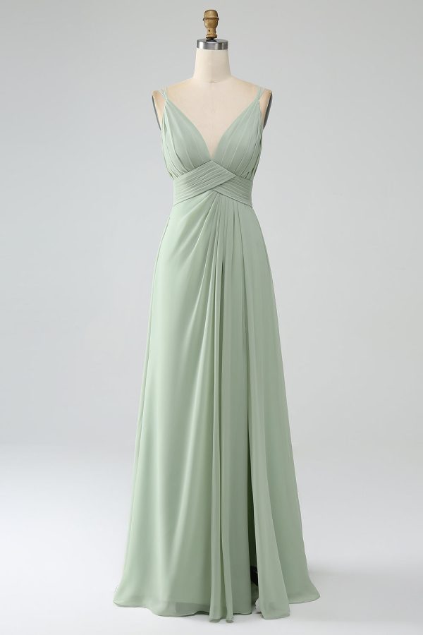 Dusty Sage A-Line Spaghetti Straps Pleated Chiffon Long Bridesmaid Dress Discount