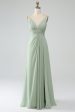 Dusty Sage A-Line Spaghetti Straps Pleated Chiffon Long Bridesmaid Dress Discount