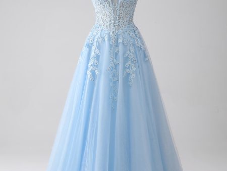 A-Line Light Blue Corset Prom Dress with Appliques Hot on Sale