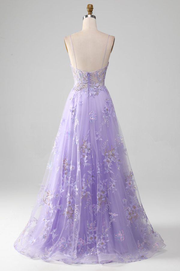 A-Line Sequins Purple Prom Dress with Embroidery Supply