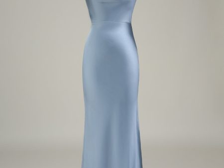 Dusty Blue Sheath Spaghetti Straps Satin Long Bridesmaid Dress Online Sale