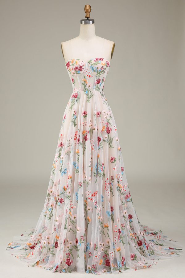 A-Line Sweetheart Long Corset Prom Dress With Flower Hot on Sale