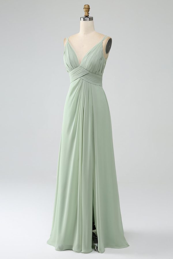 Dusty Sage A-Line Spaghetti Straps Pleated Chiffon Long Bridesmaid Dress Discount