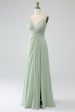 Dusty Sage A-Line Spaghetti Straps Pleated Chiffon Long Bridesmaid Dress Discount