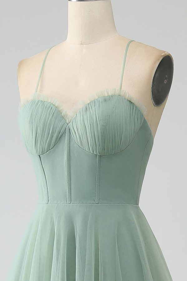 Matcha A-Line Spaghetti Straps Tea-Length Corset Tulle Bridesmaid Dress Online Sale