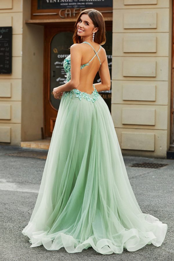 A-Line V Neck Split Tulle Light Green Prom Dress with Appliqued Beading For Sale