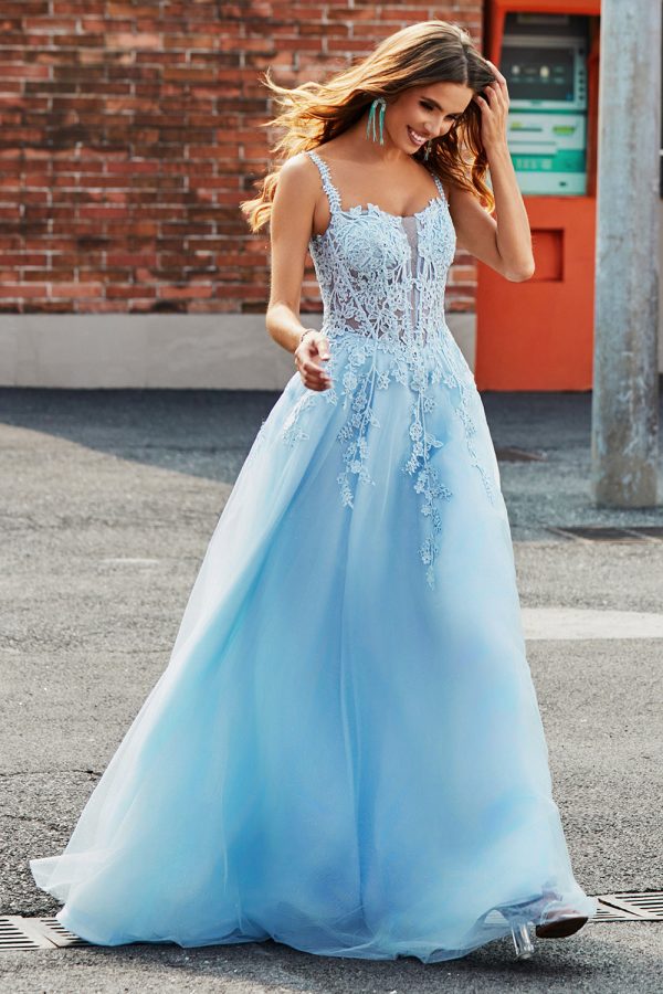 Gorgeous A Line Spaghetti Straps Light Blue Corset Prom Dress with Appliques Online