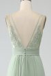 Dusty Sage A-Line Spaghetti Straps Pleated Chiffon Long Bridesmaid Dress Discount