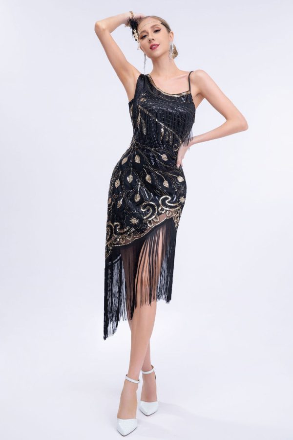 Asymmetrical Black Glitter 1920s Dress with Fringes Online Sale