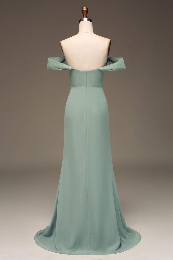 Dusty Sage Off the Shoulder Sheath Chiffon Pleated Long Bridesmaid Dress Fashion