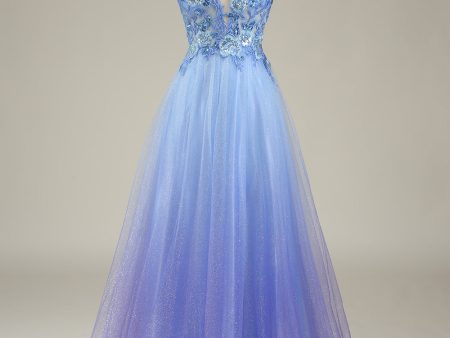 Spakly Blue Tulle Prom Dress with Appliques Cheap