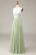 Dusty Sage Halter Neck Lace and Chiffon A-line Floor Length Bridesmaid Dress For Discount