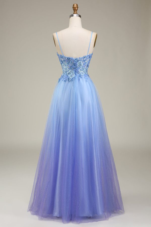 Spakly Blue Tulle Prom Dress with Appliques Cheap