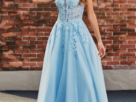 Gorgeous A Line Spaghetti Straps Light Blue Corset Prom Dress with Appliques Online