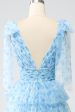 A-Line V-Neck Light Blue Tiered Prom Dress Online Sale