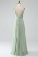 Dusty Sage A-Line Spaghetti Straps Pleated Chiffon Long Bridesmaid Dress Discount