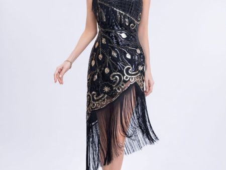 Asymmetrical Black Glitter 1920s Dress with Fringes Online Sale