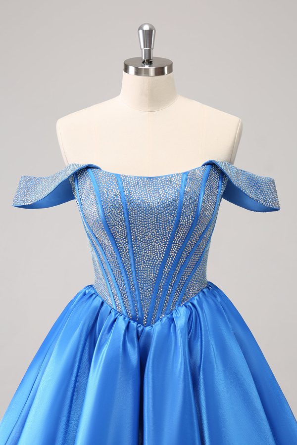 Sparkly Blue A-Line Off the Shoulder Beaded Satin Homecoming Dress Online Hot Sale