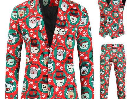 Notched Lapel One Button Santa Claus Printed Red Men s Suits For Discount