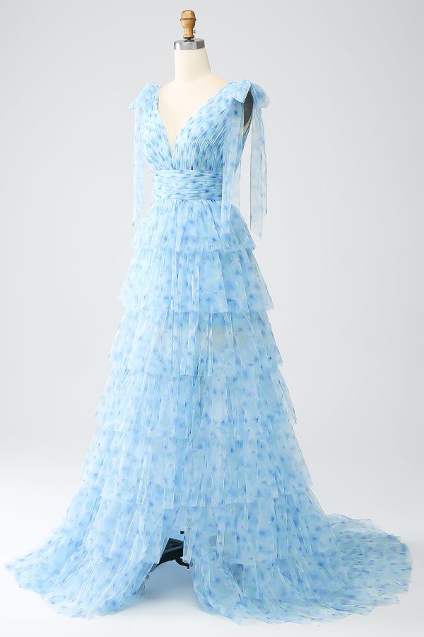 A-Line V-Neck Light Blue Tiered Prom Dress Online Sale