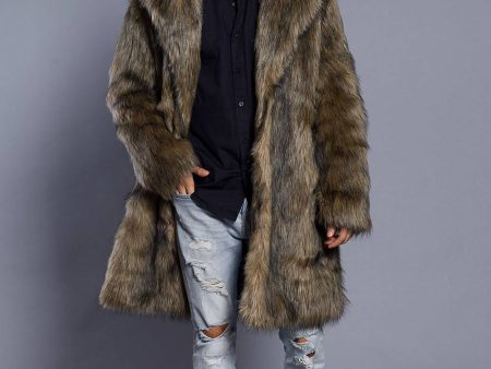 Brown Lapel Neck Long Men Faux Fur Coat Online now