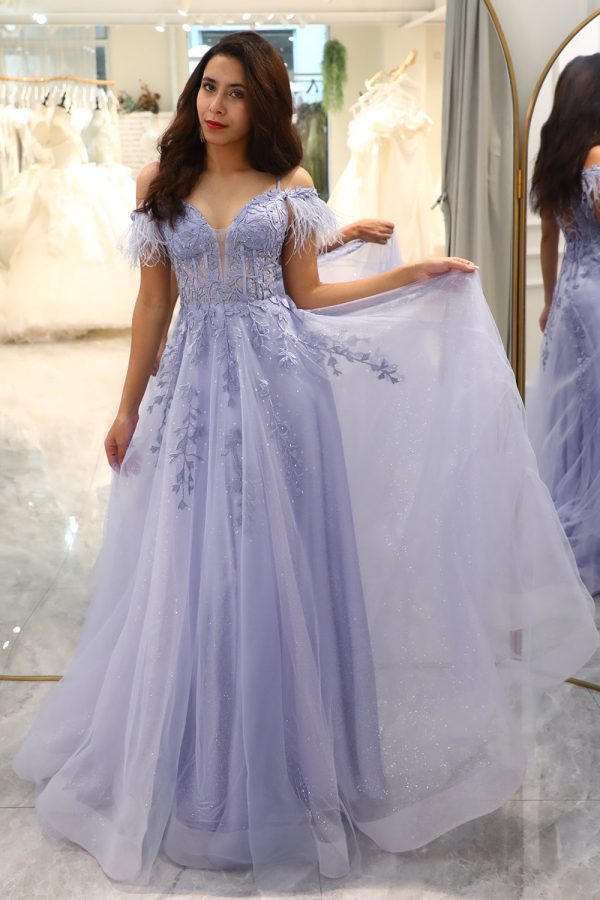 A-Line Cold Shoulder Lilac Corset Prom Dress with Appliques on Sale