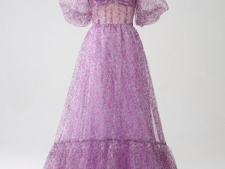 A-Line Square Neck Purple Corset Prom Dress with Half Sleeves Online