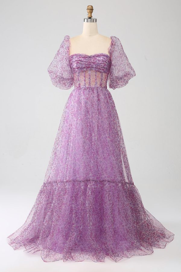 A-Line Square Neck Purple Corset Prom Dress with Half Sleeves Online