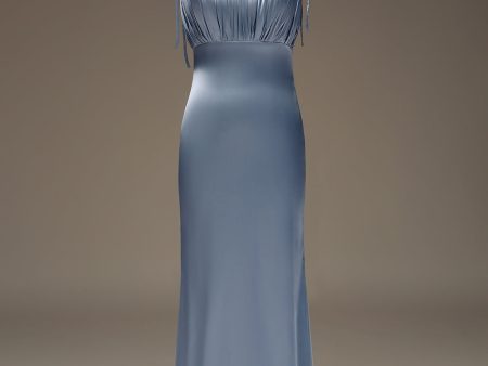 Dusty Blue Spaghetti Straps Sheath Satin Pleated Bridesmaid Dress Supply