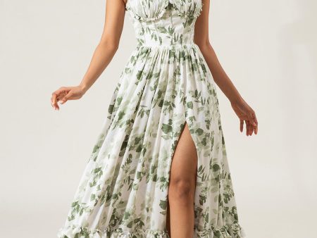 A-Line Spaghetti Straps Green Printed Long Prom Dress With Slit For Sale