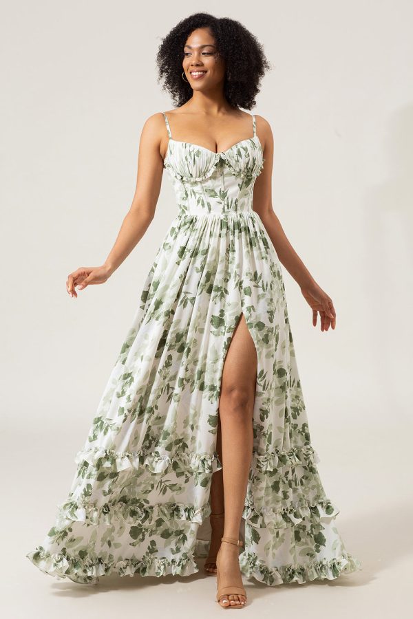 A-Line Spaghetti Straps Green Printed Long Prom Dress With Slit For Sale