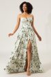 A-Line Spaghetti Straps Green Printed Long Prom Dress With Slit For Sale