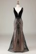 Mermaid Deep V Neck Black Long Prom Dress with Open Back on Sale