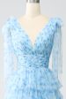 A-Line V-Neck Light Blue Tiered Prom Dress Online Sale