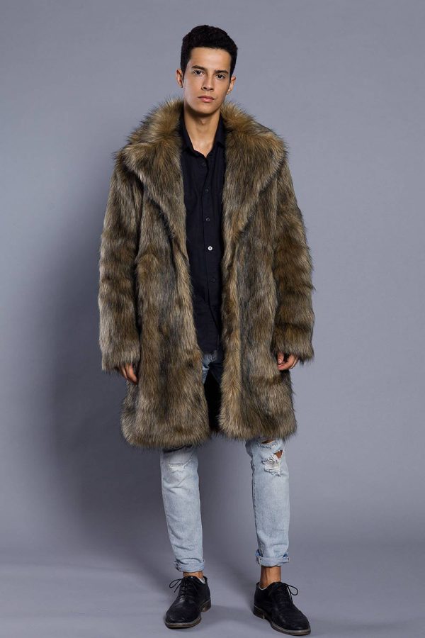 Brown Lapel Neck Long Men Faux Fur Coat Online now