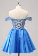 Sparkly Blue A-Line Off the Shoulder Beaded Satin Homecoming Dress Online Hot Sale