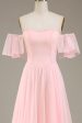 Blush Pink A-Line Off the Shoulder Chiffon Long Bridesmaid Dress Discount