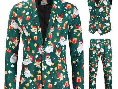 Men s Green Christmas Printed 3-Piece One Button Party Suits on Sale