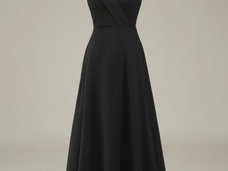 A-Line Spaghetti Straps Black Chiffon Long Bridesmaid Dress Discount