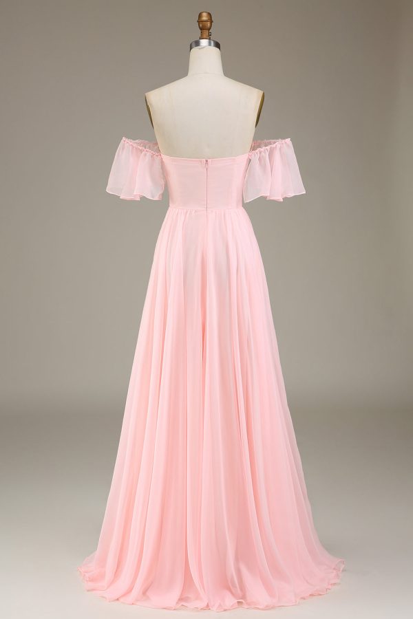 Blush Pink A-Line Off the Shoulder Chiffon Long Bridesmaid Dress Discount