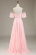 Blush Pink A-Line Off the Shoulder Chiffon Long Bridesmaid Dress Discount