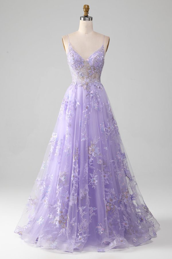 A-Line Sequins Purple Prom Dress with Embroidery Supply