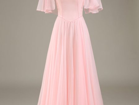 Blush Pink A-Line Off the Shoulder Chiffon Long Bridesmaid Dress Discount